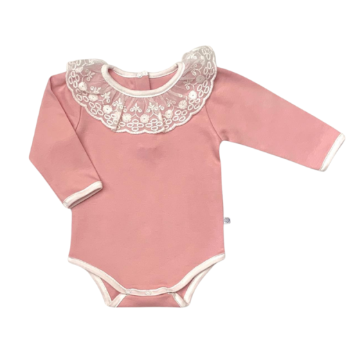 Body manga larga rosado con cuello de encaje