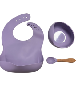 Set de babero, plato y cuchara morado